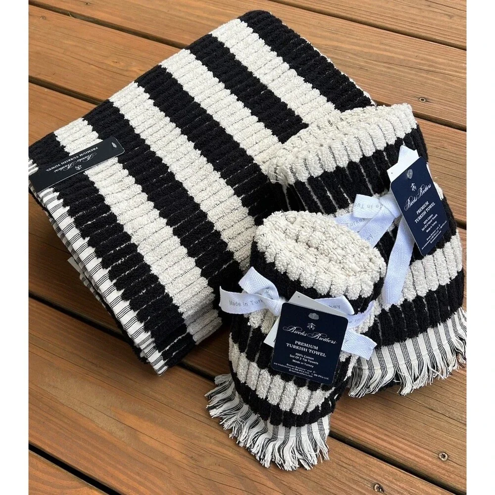 6 PC Brooks Brothers 2 Bath 2 Hand 2 Tip Turkish Towel  Black Striped Tiles New